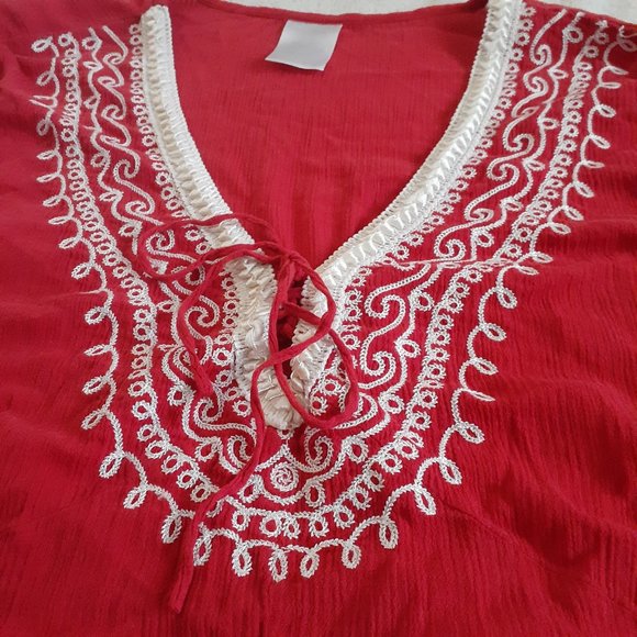 Red Embroidered Asymmetrical Long Sleeve Tunic - Picture 5 of 14